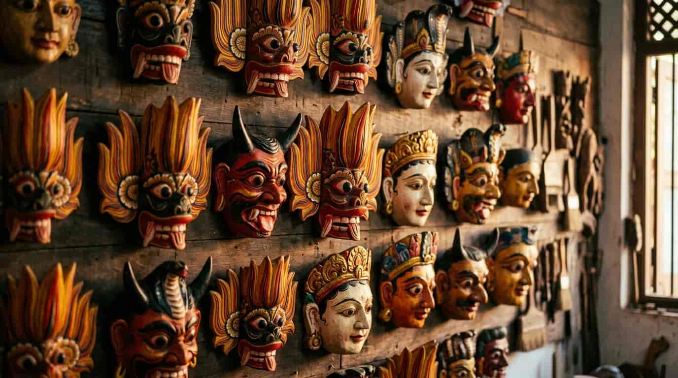 Traditional Sri Lankan Kolam masks, brightly painted and hand-carved
